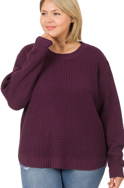 plum purple womens plus size crew neck sweater knit waffle casual everyday teacher mom basic chic attire top long sleeve lightweight professional winter fall gift for her Christmas holidays curvy