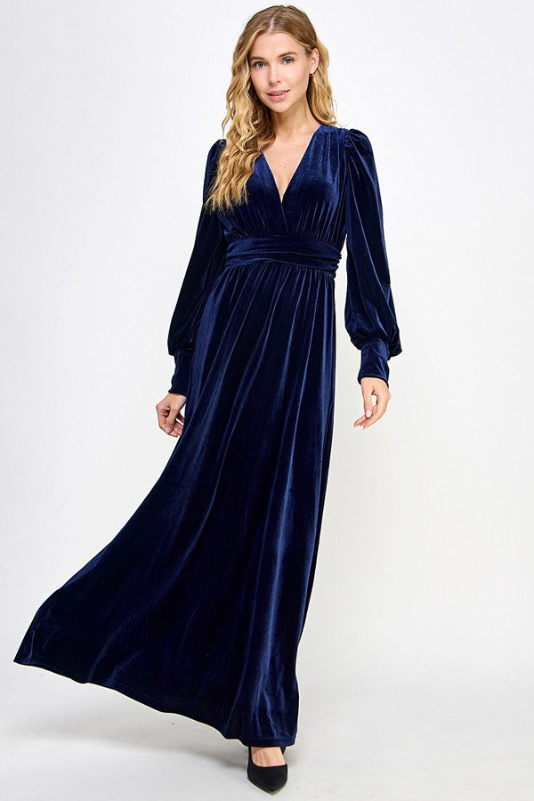 blue long sleeve maxi dress velvet chic holidays party flattering comfortable v-neck wedding guest special occasion dressy navy royal blue womens 