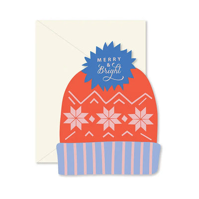 holiday card beanie shape red and blue that says merry and bright made in the USA by a small woman-owned business unique cute festive gift for her