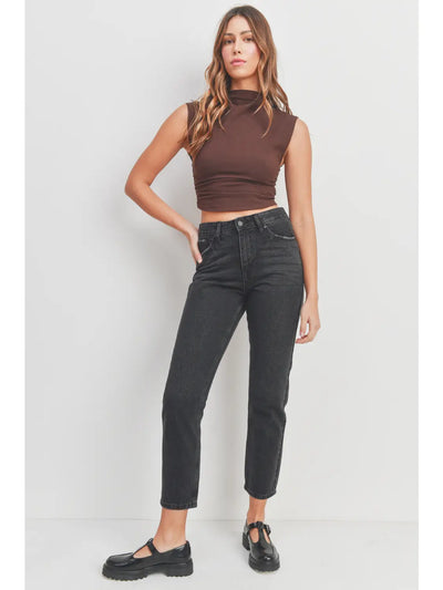 A pair of ankle-length, high-rise black washed straight-leg jeans. The jeans have a flattering fit and are of high quality, suitable for everyday casual wear. Perfect for versatile styling in any women's wardrobe