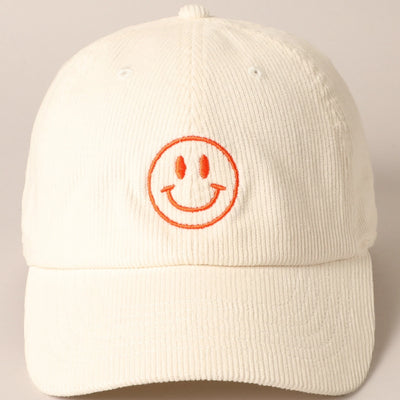 simple cream corduroy baseball cap hat smiley face everyday casual 