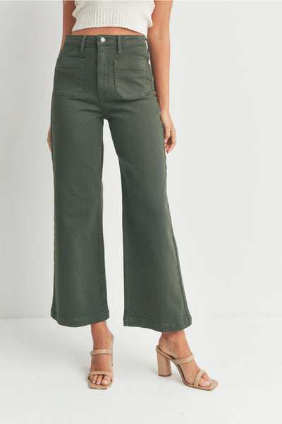 Olive green army patch pocket wide leg jeans ankle cropped flare made in the USA Modern smart causal female chic effortless outfit womens ladies gift elegant effortless clothing everyday stylish clothes apparel outfits chic winter fall autumn professional style women’s boutique trendy teacher office cute outfit boutique clothes fashion quality work from home neutral wardrobe essential basics lounge athleisure gift for her quality 