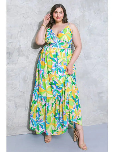 plus size curvy maxi dress womens colorful green pink blue white orange spaghetti strap tropical flower leaf print lined flowy layered eyelet detail adjustable straps tiered Modern smart causal female chic effortless outfit womens ladies gift elegant effortless clothing everyday stylish clothes apparel outfits chic winter summer style women’s boutique trendy teacher office cute outfit boutique clothes fashion quality work from home coastal beachy lounge athleisure gift for her midsize curvy sizes 