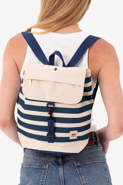 mini backpack navy cream stripe nautical recycled materials water bottles chic preppy east coast New England coastal style Modern smart causal female chic effortless outfit womens ladies gift elegant effortless clothing everyday stylish clothes apparel outfits chic winter fall autumn professional style women’s boutique trendy teacher office cute outfit boutique clothes fashion quality work from home neutral wardrobe essential basics lounge athleisure gift for her