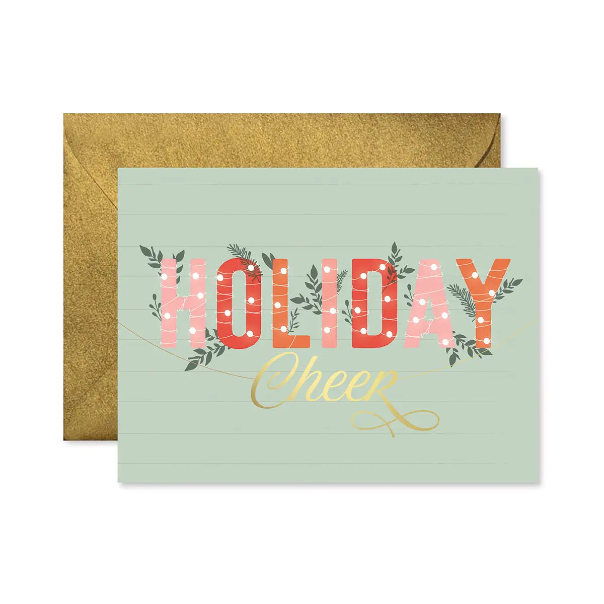 gold and sage green holiday cheer card Christmas gift for her greeting cards unique made in the USA small woman-owned business classic pink and red