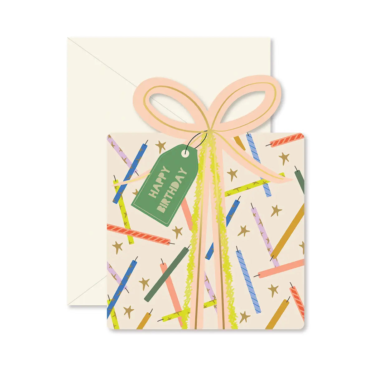 happy birthday card in the shape of a present or gift made in the USA by a woman-owned business