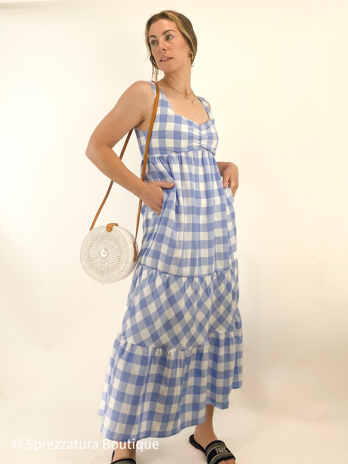 Blue white gingham checker dress empire maxi pockets chic casual lightweight everyday mom office work attire professional teacher comfortable Modern smart causal female chic effortless outfit womens ladies gift elegant effortless clothing everyday stylish clothes apparel outfits chic winter summer style women’s boutique trendy teacher office cute outfit boutique clothes fashion quality work from home coastal beachy neutral wardrobe essential basics gift for her