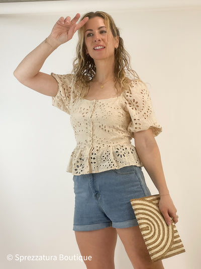 womens taupe neutral eyelet top shirt chic casual dressy peplum style everyday casual work puff sleeve short sleeve summer fall Modern smart causal female chic effortless outfit womens ladies gift elegant effortless clothing everyday stylish clothes apparel outfits chic winter summer style women’s boutique trendy teacher office cute outfit boutique clothes fashion quality work from home coastal beachy elegant