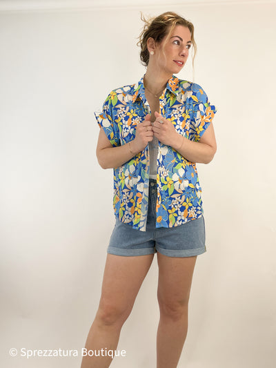 Blue short sleeve floral button shirt summer tropical chic flower collar vacation beach summertime beachy everyday casual 90s Hawaiian Modern smart causal female chic effortless outfit womens ladies gift elegant effortless clothing everyday stylish clothes apparel outfits chic winter summer style women’s boutique trendy teacher office cute outfit boutique clothes fashion quality work from home coastal beachy lounge athleisure gift for her