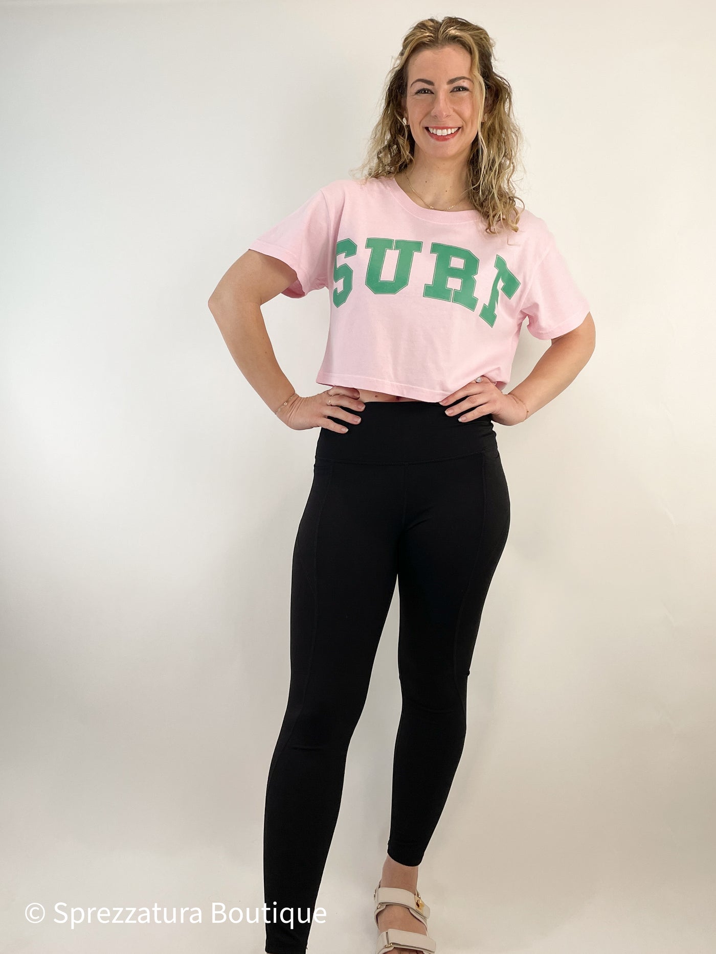 pink cropped shirt that says "surf" in green pastel cute summer coastal beach short sleeve crewneck Modern smart causal female chic effortless outfit womens ladies gift elegant effortless clothing everyday stylish clothes apparel outfits chic winter summer style women’s boutique trendy teacher office cute outfit boutique clothes fashion quality work from home coastal beachy lounge athleisure gift for her casual everyday 