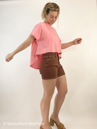 brown contrast stitch shorts womens summery casual everyday comfortable Modern smart causal female chic effortless outfit womens ladies gift elegant effortless clothing everyday stylish clothes apparel outfits chic winter summer style women’s boutique trendy teacher office cute outfit boutique clothes fashion quality work from home coastal beachy XS