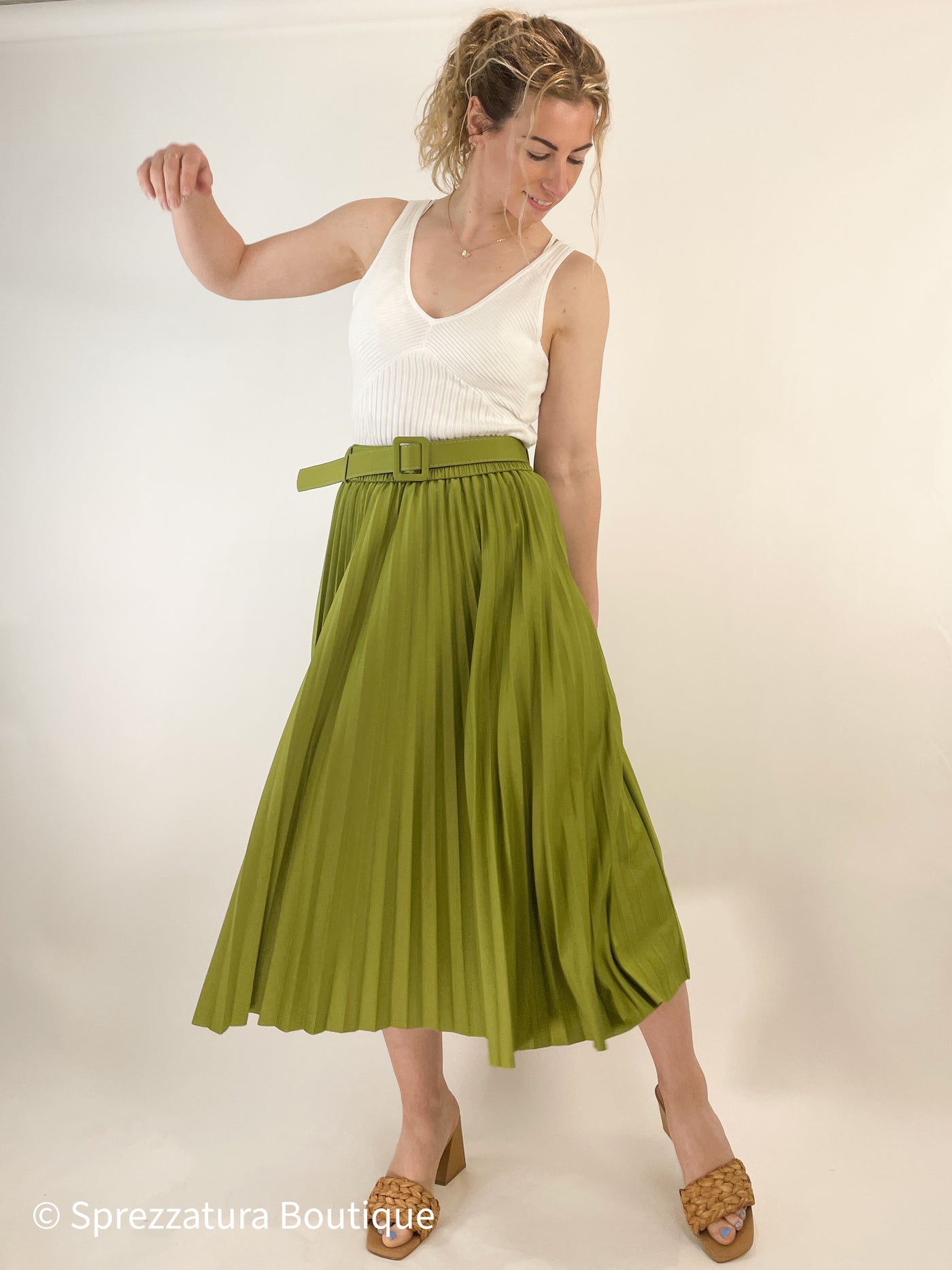 Green pleated midi timeless skirt elastic waistband chic casual everyday dressy wedding guest outfit Modern smart causal female chic effortless outfit womens ladies gift elegant effortless clothing everyday stylish clothes apparel outfits chic winter summer style women’s boutique trendy teacher office cute outfit boutique clothes fashion quality work from home coastal beachy 