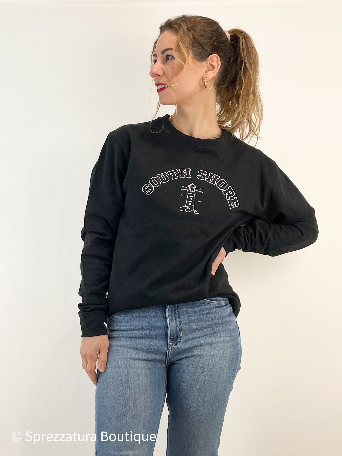 black embroidered womens crew neck south shore sweatshirt pull over preppy collegiate chic casual everyday gift for her holidays locally made Modern smart causal female chic effortless outfit womens ladies gift elegant effortless clothing everyday stylish clothes apparel outfits chic winter fall autumn professional style women’s boutique trendy teacher office cute outfit boutique clothes fashion quality work from home neutral wardrobe essential basics lounge athleisure gift for her midsize curvy sizes 
