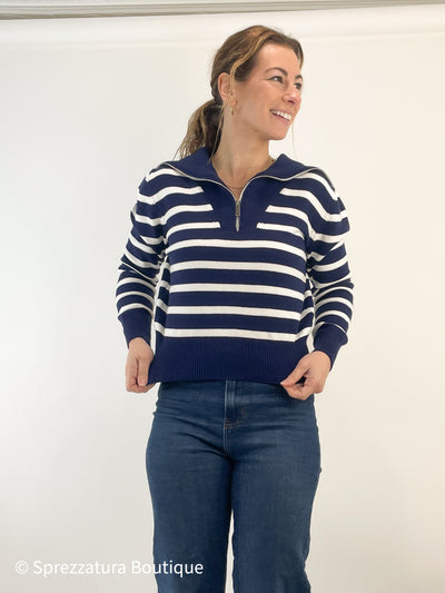 Sailor collar navy blue white stripe knit sweater womens chic casual everyday soft 1/4 zip long sleeve mom teacher work from home weekend Modern smart causal female chic effortless outfit womens ladies gift elegant effortless clothing everyday stylish clothes apparel outfits chic winter fall autumn professional style women’s boutique trendy teacher office cute outfit boutique clothes fashion quality work from home neutral wardrobe essential basics lounge athleisure gift for her nautical New England preppy 
