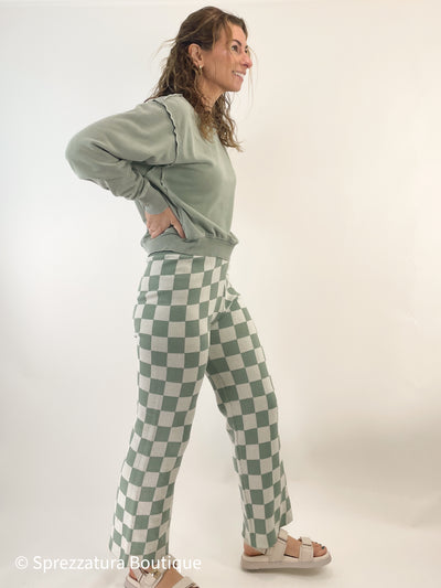 Sage green checker checkered knit pants flare cream sweatpants matching set outfit chic cozy travel vacation mom work from home weekend casual cool Modern smart causal female chic effortless outfit womens ladies gift elegant effortless clothing everyday stylish clothes apparel outfits chic winter fall autumn professional style women’s boutique trendy teacher office cute outfit boutique clothes fashion quality work from home neutral wardrobe essential basics lounge athleisure gift for her