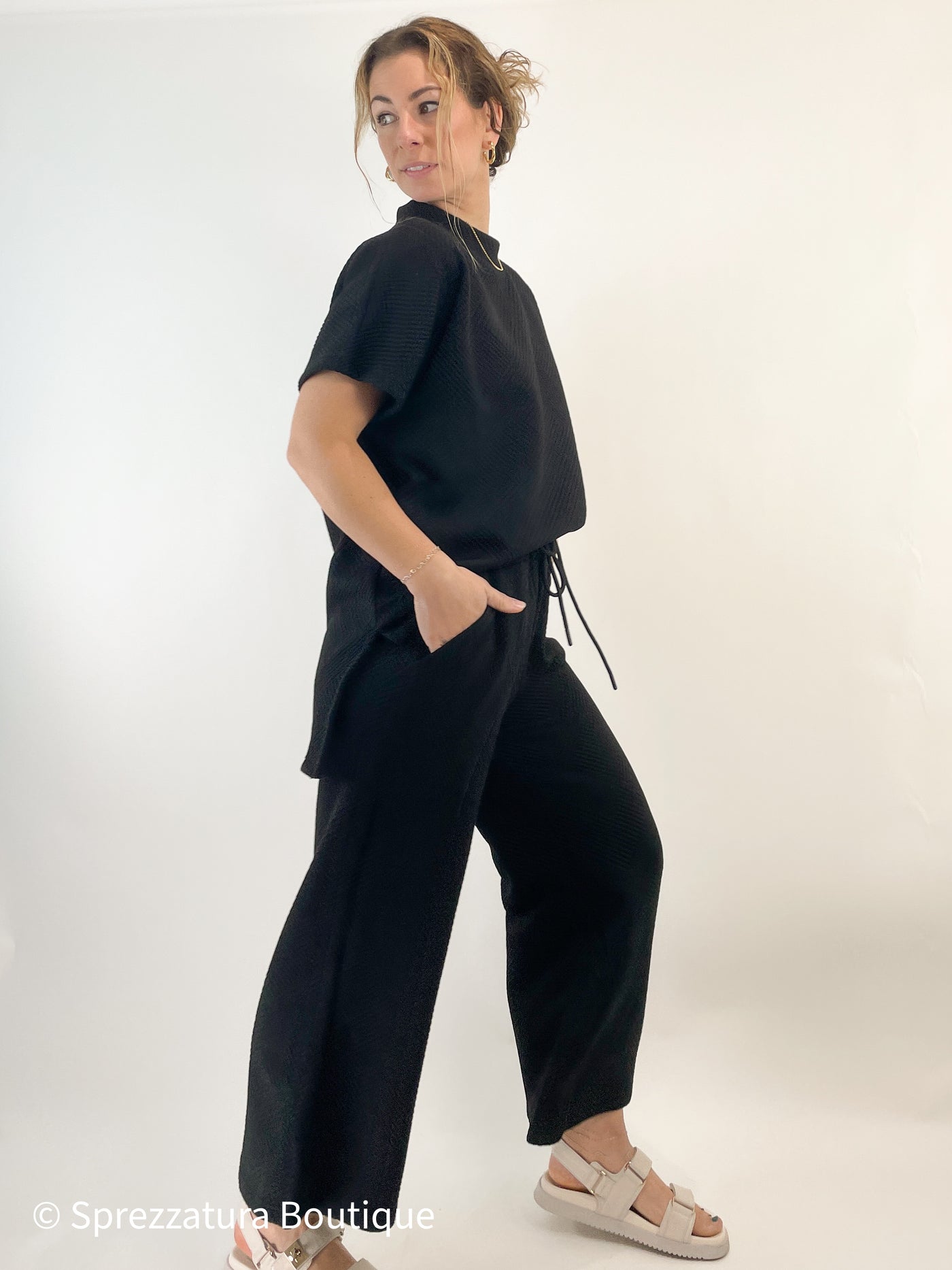 textured matching outfit set travel vacation black chic pants pockets elastic drawstring flare wide leg cropped chic comfortable Modern smart causal female chic effortless outfit womens ladies gift elegant effortless clothing everyday stylish clothes apparel outfits chic winter fall autumn professional style women’s boutique trendy teacher office cute outfit boutique clothes fashion quality work from home neutral wardrobe essential basics lounge athleisure gift for her geometric quilted