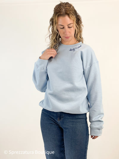 embroidered Light blue crew neck sweatshirt dog mom casual everyday chic fall teacher Modern smart causal female chic effortless outfit womens ladies gift elegant effortless clothing everyday stylish clothes apparel outfits chic winter summer style women’s boutique trendy teacher office cute outfit boutique clothes fashion quality work from home coastal beachy neutral wardrobe essential basics lounge athleisure gift for her midsize curvy sizes