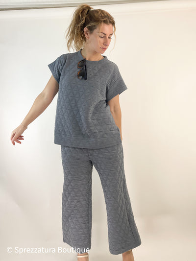 quilted French blue grey womens outfit set matching pants top short sleeve crew neck fall travel vacation Modern smart causal female chic effortless outfit womens ladies gift elegant effortless clothing everyday stylish clothes apparel outfits chic winter fall autumn professional style women’s boutique trendy teacher office cute outfit boutique clothes fashion quality work from home neutral wardrobe essential basics lounge athleisure gift for her