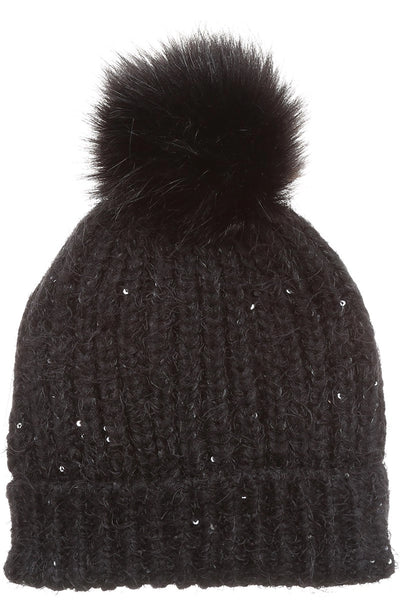 sequin womens pom pom beanie chic fleece lined warm soft cute gift for her holidays christmas chic everyday winter snow faux fur