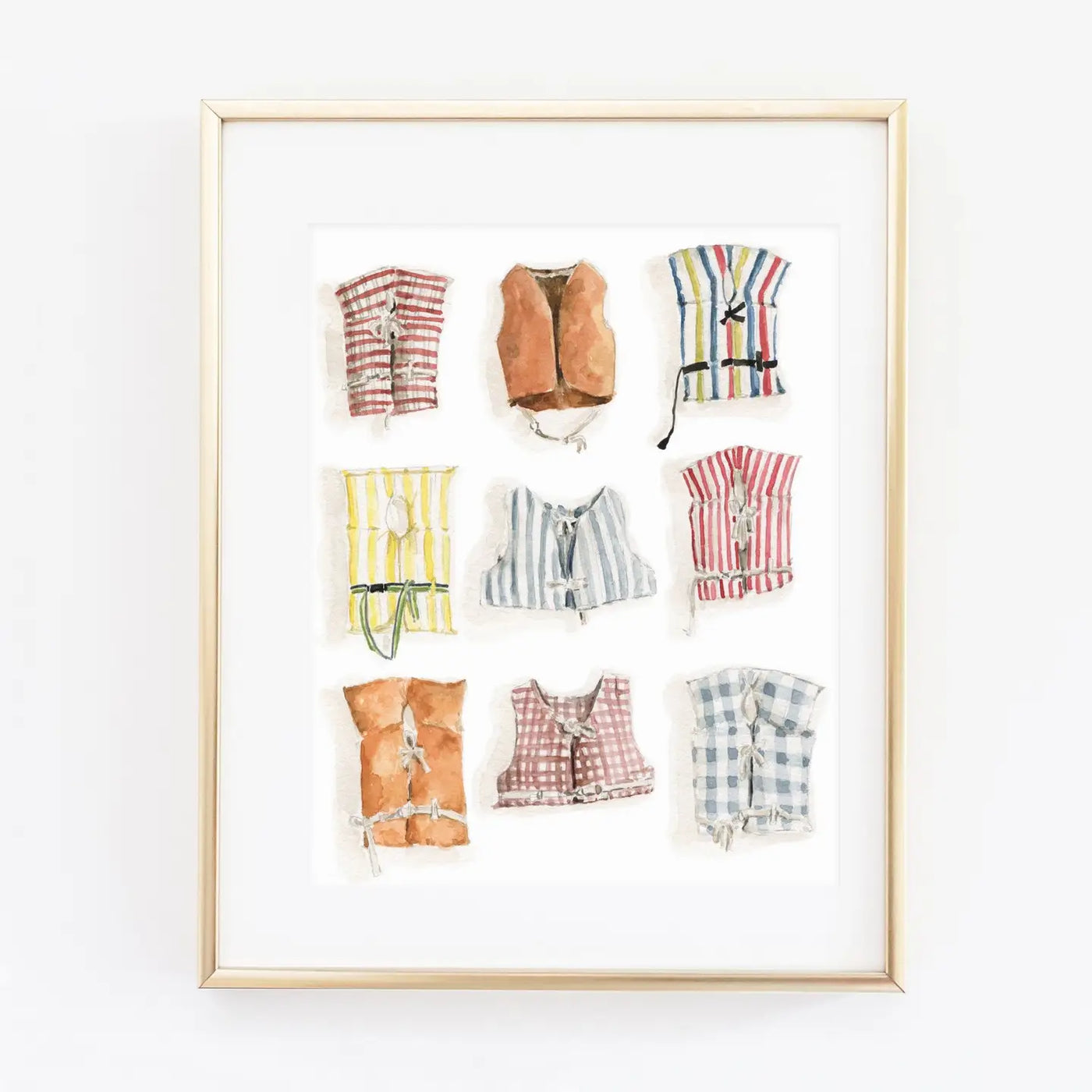 Watercolor print of vintage life jackets nautical coastal and cute. Perfect for any home or house warming. Made by a small woman-owned business. Checker and striped life vests.