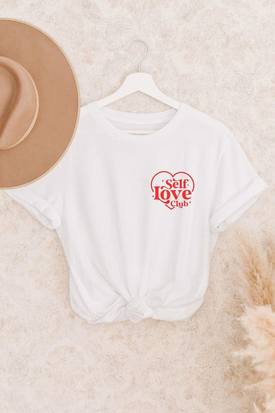 Plus size curvy midsize self love club graphic white tee red heart t-shirt crewneck women's causal streetwear fall style. Modern smart causal female chic effortless outfit womens ladies gift elegant effortless clothing clothes apparel outfits chic summer style women’s boutique trendy fall back to school teacher office lounge athleisure cute outfit