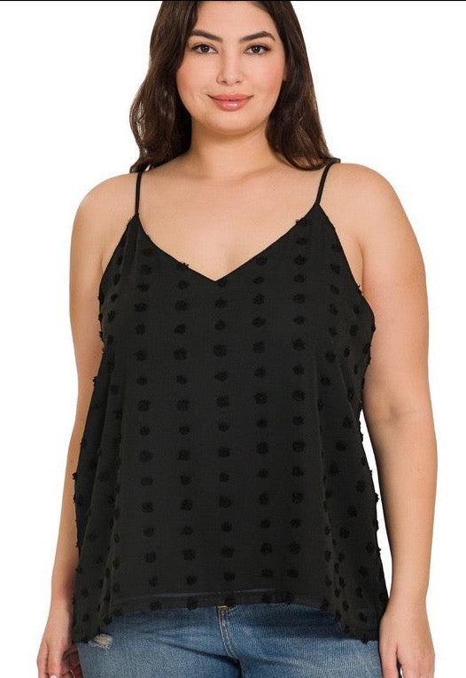 Black camisole cami adjustable straps dots polka dots textured elegant day to night look plus size midsize curvy ladies women's tank dressy Modern smart causal female chic effortless outfit womens ladies gift elegant effortless clothing everyday stylish clothes apparel outfits chic winter spring style women’s boutique trendy teacher office cute outfit boutique clothes fashion quality work from home lounge athleisure gift for her 