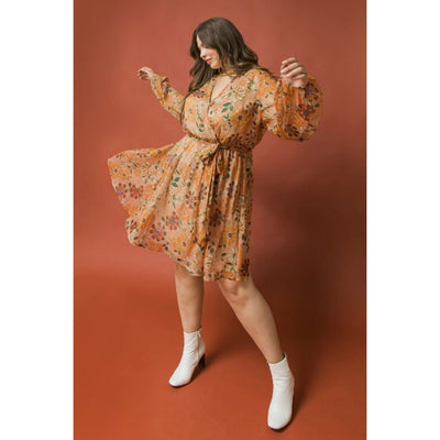 Curvy plus size midsize flower floral 70's rust style funky retro dress soft flattering tie waist sheer sleeves fall autumn professional date wedding guest event dinner work dress casual chic. Modern smart causal female chic effortless outfit womens ladies gift elegant effortless clothing clothes apparel outfits chic summer style women’s boutique trendy fall back to school teacher office cute outfit  lounge athleisure midsize curvy sizes
