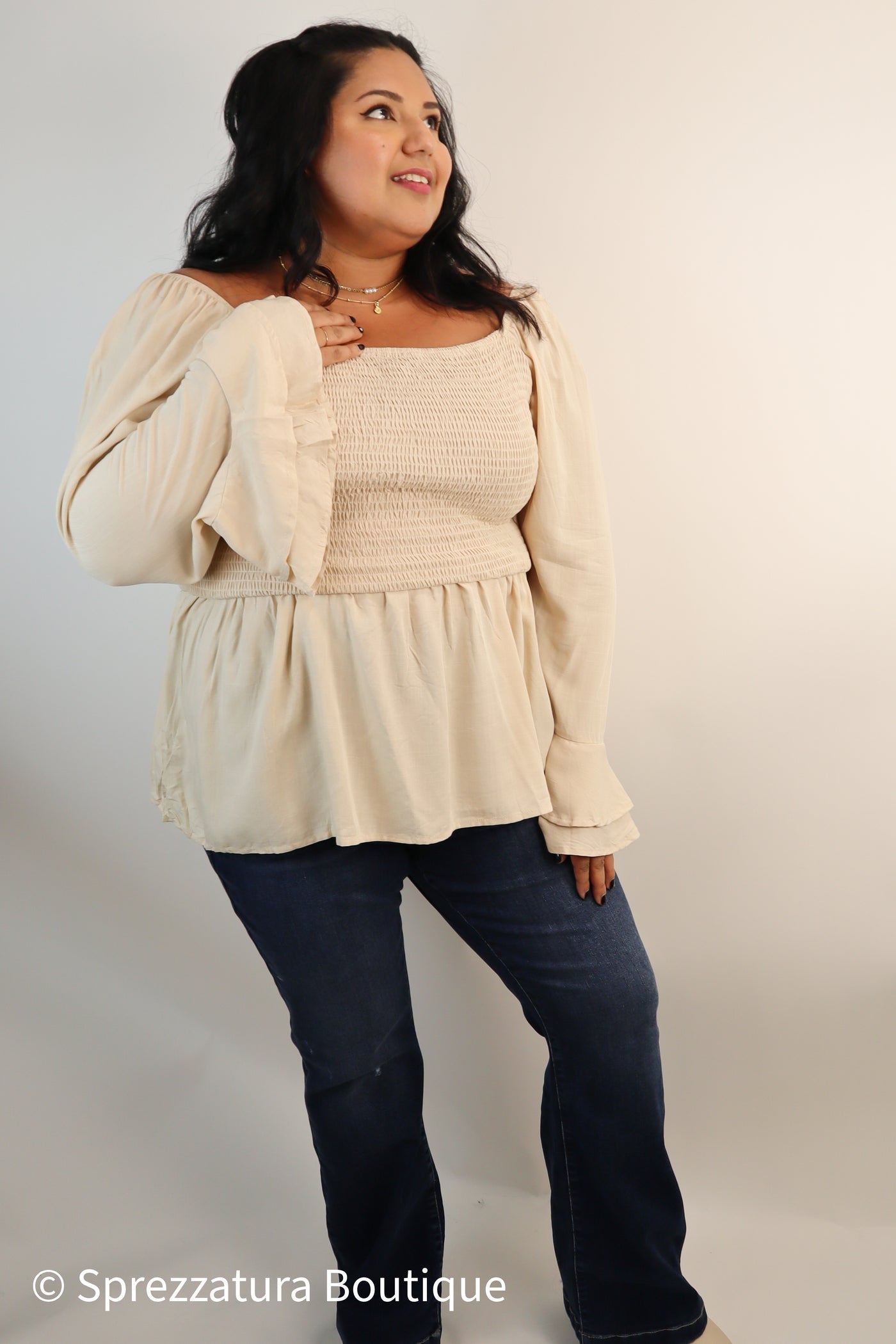 Taupe nude peplum blouse bell sleeve women's fashion top stylish work date dinner event dressy. Modern smart causal female chic effortless outfit womens ladies gift elegant effortless clothing clothes apparel outfits chic summer style women’s boutique trendy fall back to school teacher office cute outfit  lounge athleisure midsize curvy sizes