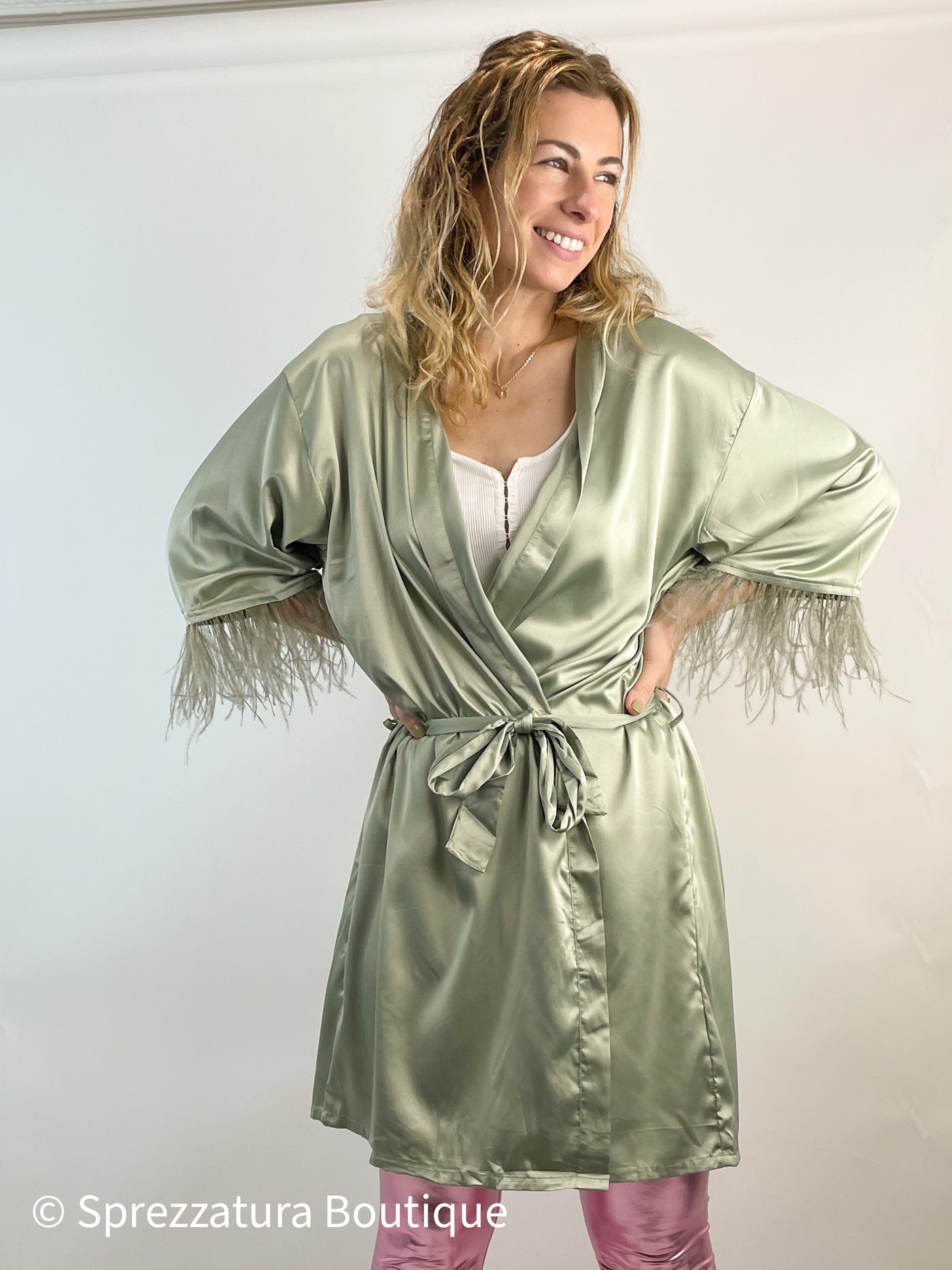 Sage green satin robe with feather fringe sleeves womens pajamas robe kimono stylish trendy chic classic elegant gift holiday christmas for her Modern smart causal female chic effortless outfit womens ladies gift elegant effortless clothing clothes apparel outfits chic fall winter style women’s boutique trendy teacher office cute outfit boutique clothes fashion work from home lounge athleisure plus size midsize curvy