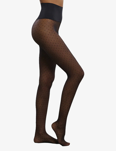 Modern smart causal female chic effortless outfit womens ladies gift elegant effortless clothing clothes apparel outfits chic winter style women’s boutique trendy teacher office cute outfit boutique clothes fashion work from home lounge athleisure holiday gift for her polka dot black sheer tights hosiery made in the Usa 