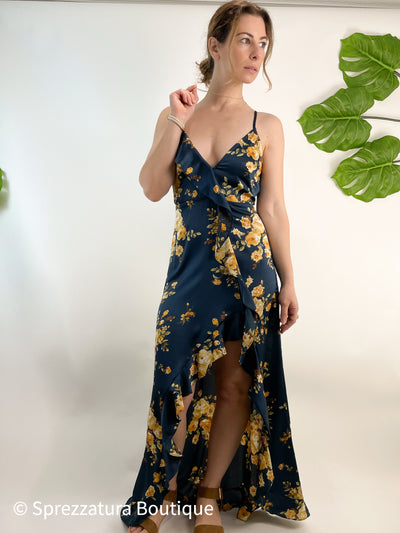 Navy dress with yellow roses floral pattern on satin. Dark blue dress with high slit and ruffle. Open back dress for wedding guest, special occasion, or event. Dressy women's formal dress. Modern smart causal female chic effortless outfit womens ladies gift elegant effortless clothing clothes apparel outfits chic summer style women’s boutique trendy cute wedding guest outfit dress fall wedding style event