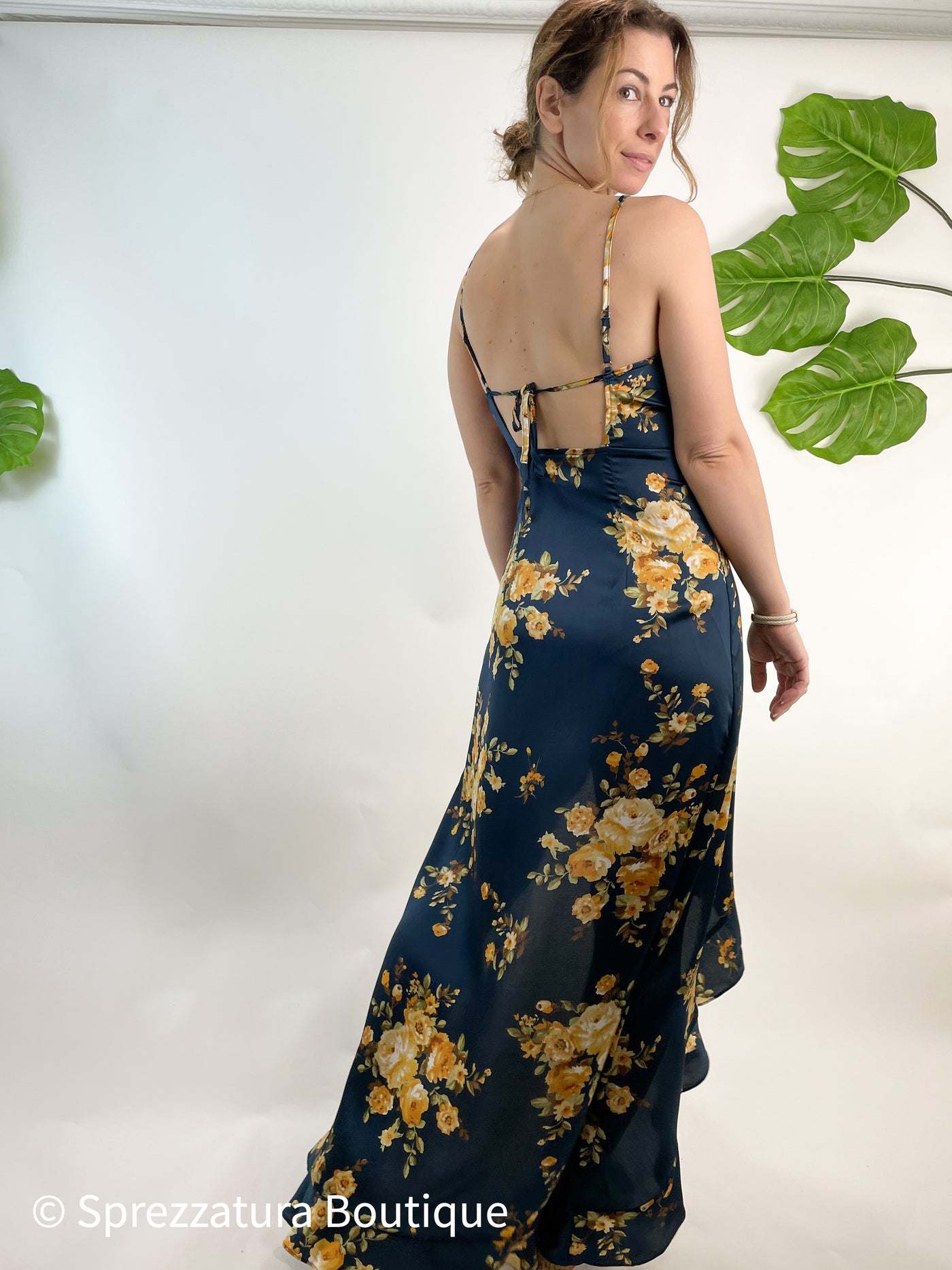 Navy dress with yellow roses floral pattern on satin. Dark blue dress with high slit and ruffle. Open back dress for wedding guest, special occasion, or event. Dressy women's formal dress. Modern smart causal female chic effortless outfit womens ladies gift elegant effortless clothing clothes apparel outfits chic summer style women’s boutique trendy cute wedding guest outfit dress
