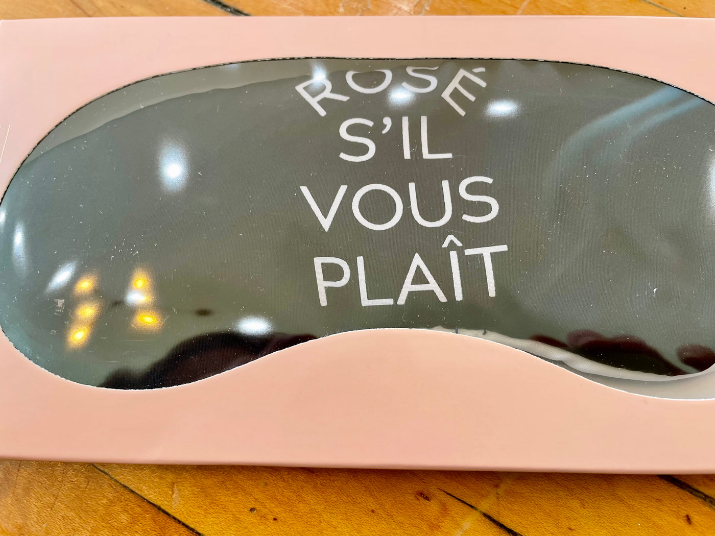 Eye masks to help you relax and block out light. Stain eye masks that say different things: -Rosé Si'l Vous Plait in black  -Airplane Mode in robins egg blue  -Breakfast at Tiffany's Eyelashes in blush pink