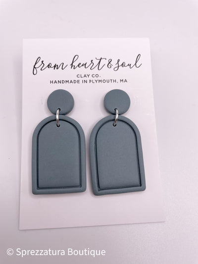 Lightweight clay teal grey earrings dangle arch locally made woman owned business New England chic casual effortless jewelry gift for her birthday friend handmade