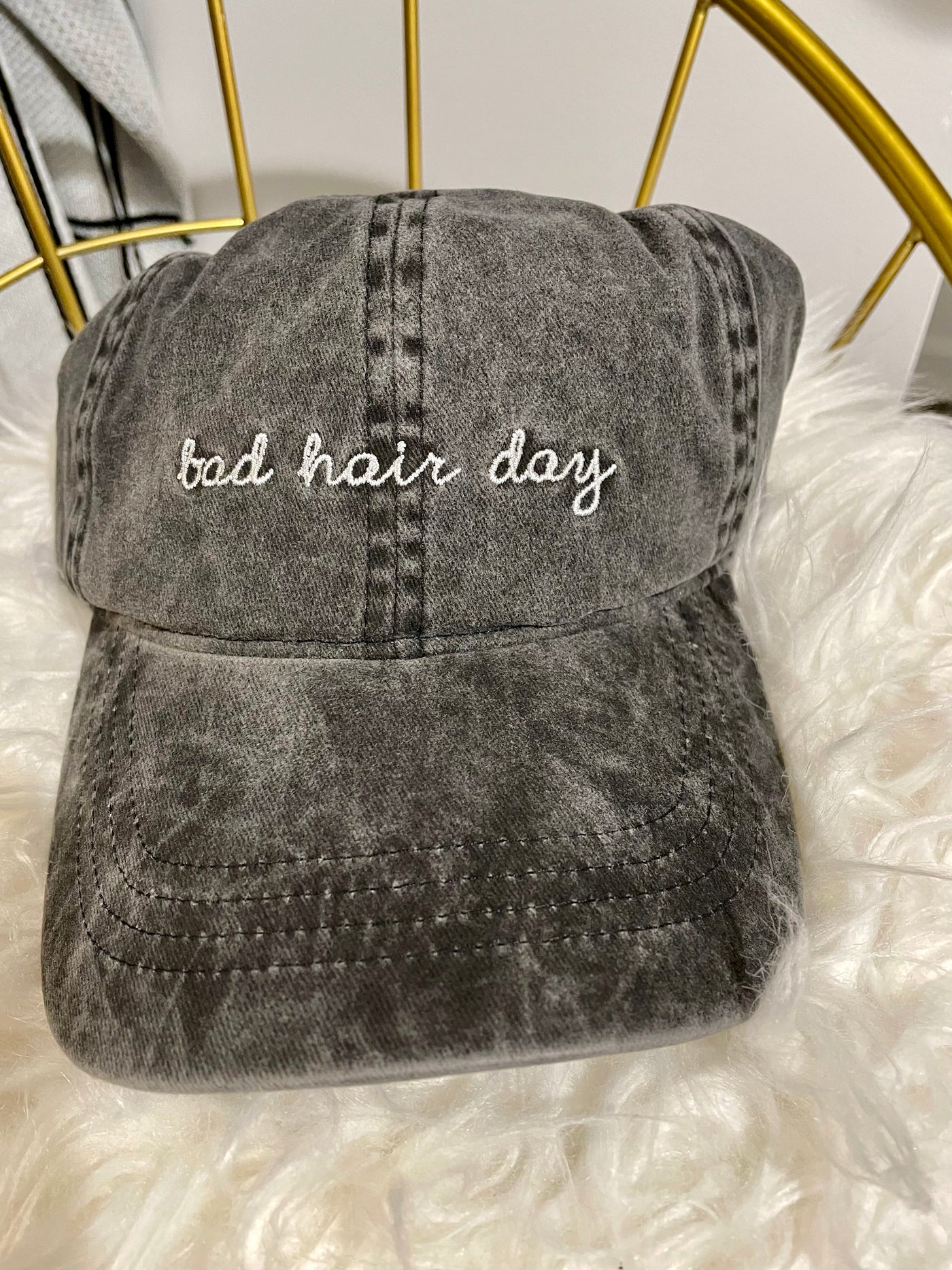 Bad hair day embroidered charcoal baseball cap