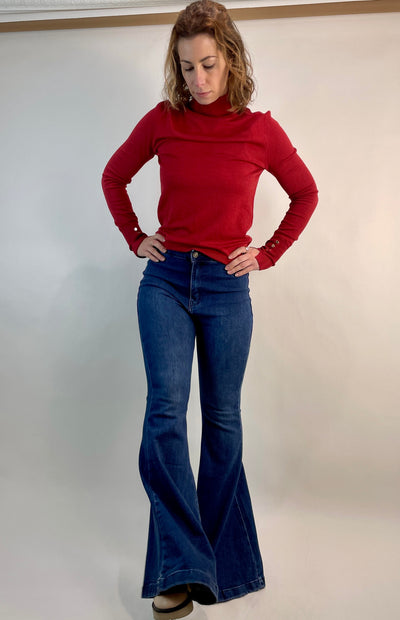 Indigo blue flare jeans. Bell bottom denim that is stretchy and comfortable.