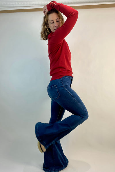 Indigo blue flare jeans. Bell bottom denim that is stretchy and comfortable.