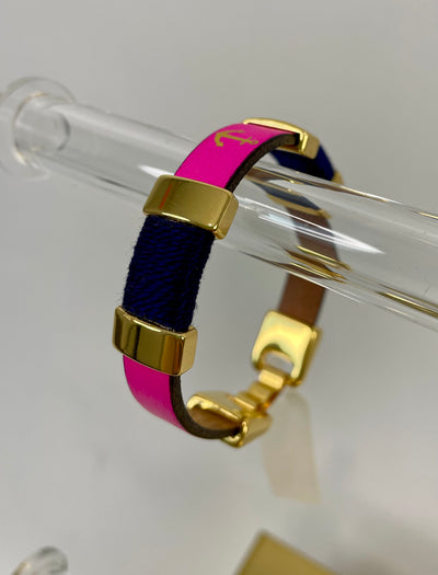 Pink and navy and gold leather nautical coast New England style bracelet with a gold anchor stamp.