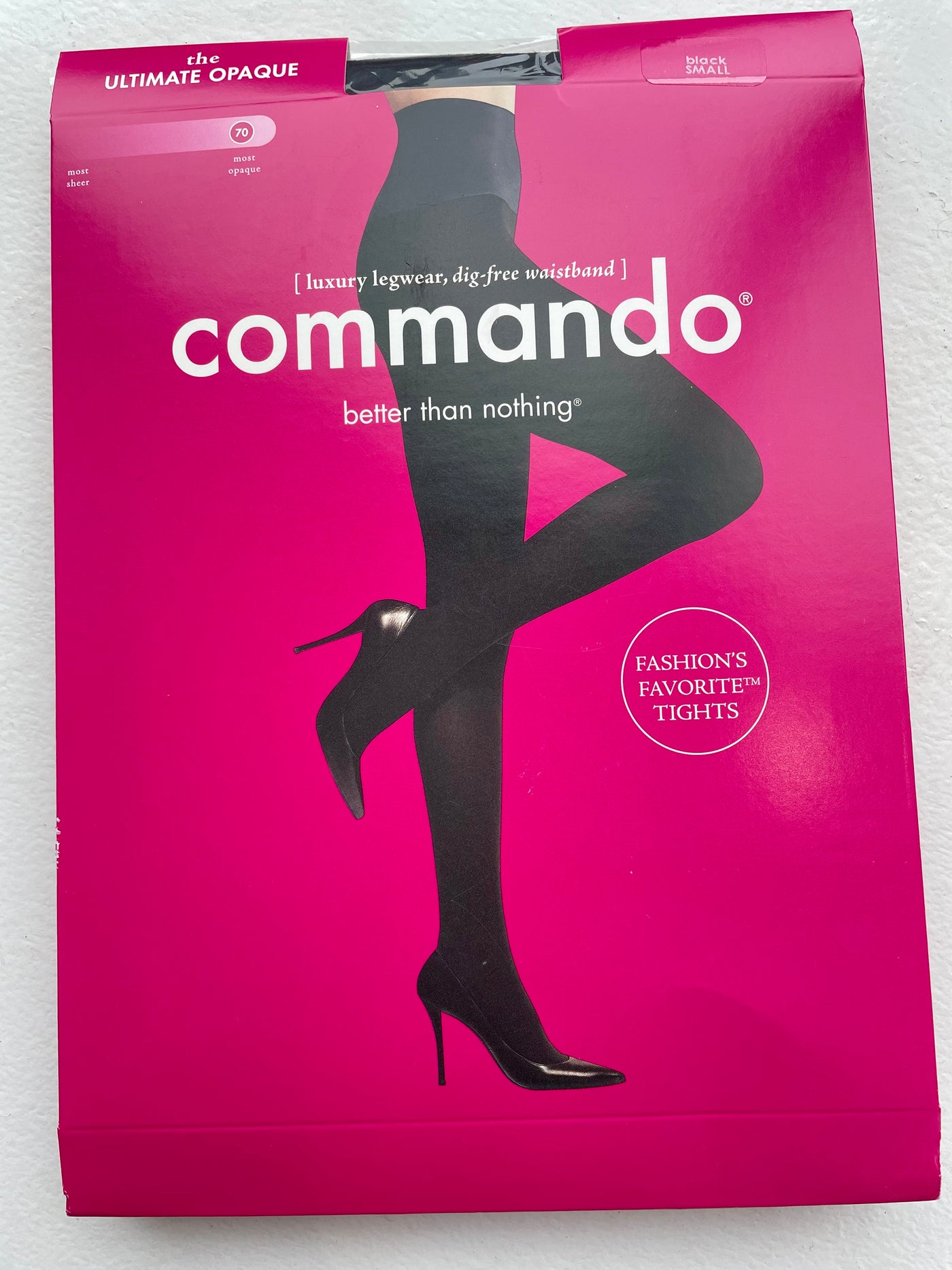 Commando brand opaque black tights that feel luxurious, comfortable, and with a supportive waistband. A woman run brand from New England.