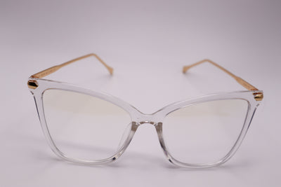 Clear frame cat eye blue light blocking glasses with gold arms. Oversized