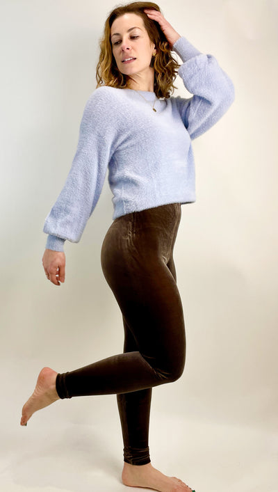 Grey velvet leggings that are warm and chic.