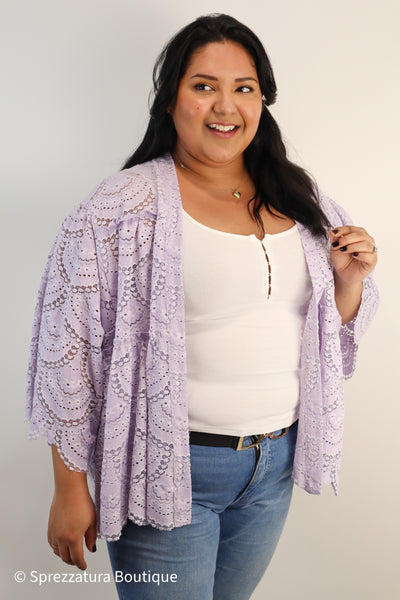 Lavender scalloped hem lace cardigan layer. Women's spring lilac coverup. Curvy plus size.