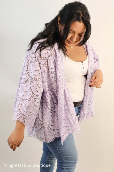 Lavender scalloped hem lace cardigan layer. Women's spring lilac coverup. Curvy plus size.