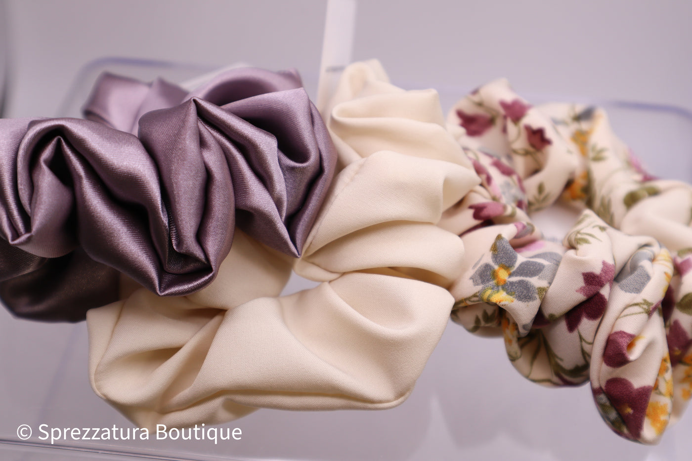 floral cream lavender satin hair scrunchies made by hand with love locally New England woman owned business. Modern smart causal female chic effortless outfit womens ladies gift elegant effortless clothing clothes apparel outfits chic summer style women’s boutique trendy cute wedding guest outfit dress plus size