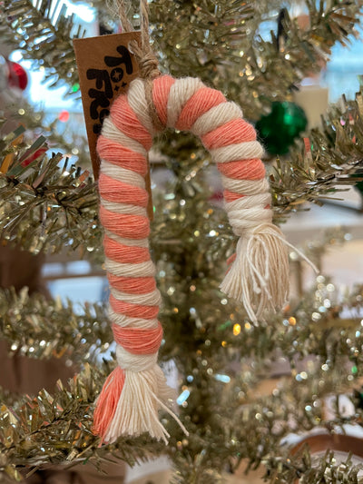 Locally made woman owned disco ball ornament macrame funky Christmas gift holiday stocking stuffer cute chic casual little affordable made in the USA local New England candy cane handmade fiber art