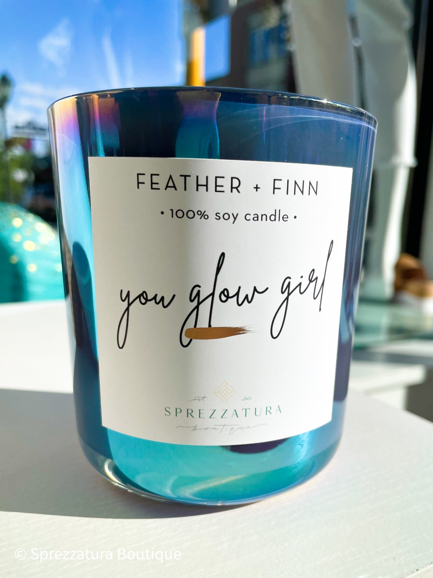 Iridescent blue glass tumbler all natural small business made candle. Summer limited edition with reusable glass container.