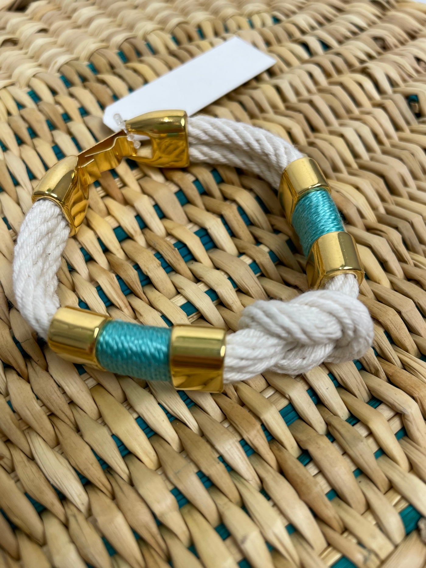 teal and natural rope knotted handmade new England bracelet gold  Edit alt text