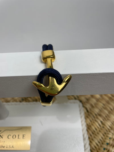 Gold anchor nylon navy handmade new England coastal bracelet.