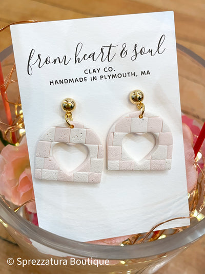 Open checkered heart pink white clay earrings handmade locally teacher woman Modern smart causal female chic effortless outfit womens ladies gift elegant effortless clothing everyday stylish clothes apparel outfits chic winter spring style women’s boutique trendy teacher office cute outfit boutique clothes fashion quality work from home lounge athleisure gift for her midsize curvy sizes 