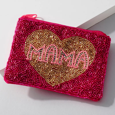 Mama coin purse zipper gift for her beaded pink heart